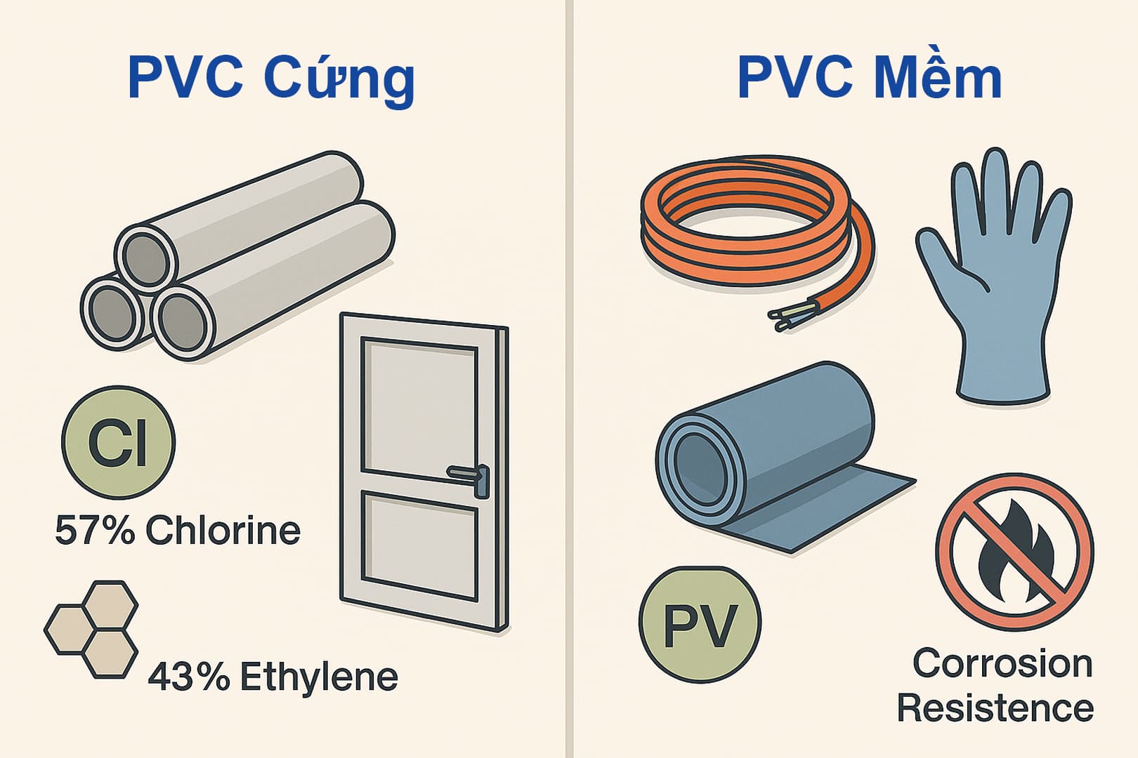 Ảnh: so sánh nhựa PVC cứng và nhựa PVC mềm
